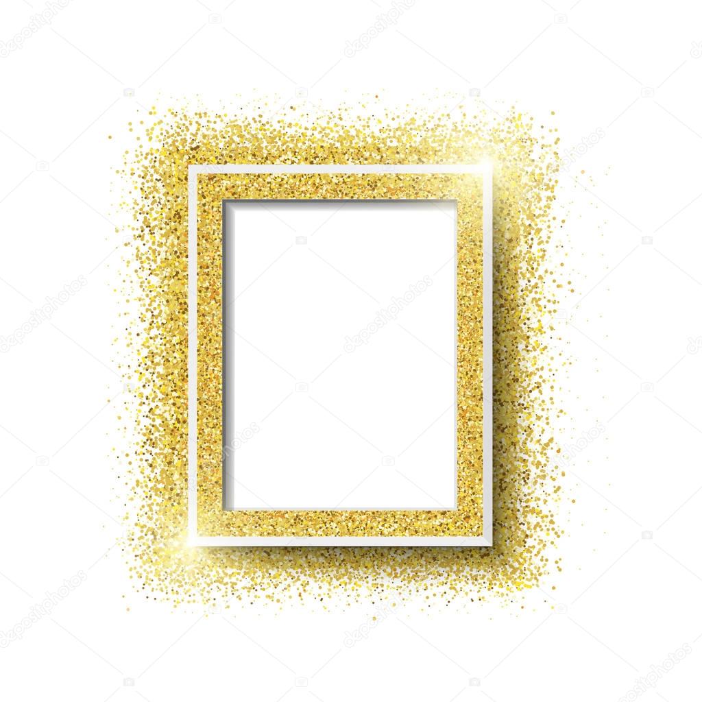 Golden glitter frame on white background. Vector illustration.