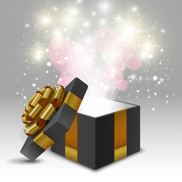 Caja de regalo abierta con lazo de oro y luces — Vector de stock