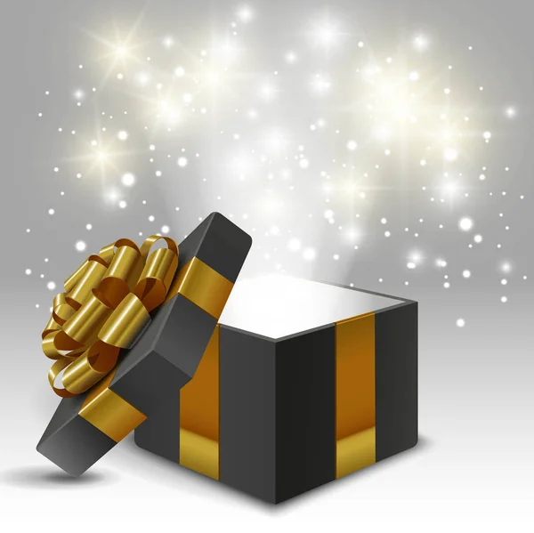 Caja de regalo abierta con lazo de oro y luces — Vector de stock