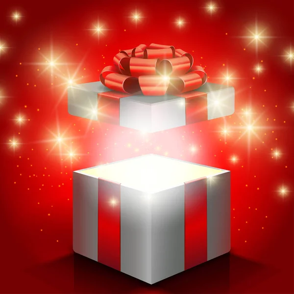 Caja de regalo abierta con lazo rojo y luces — Vector de stock