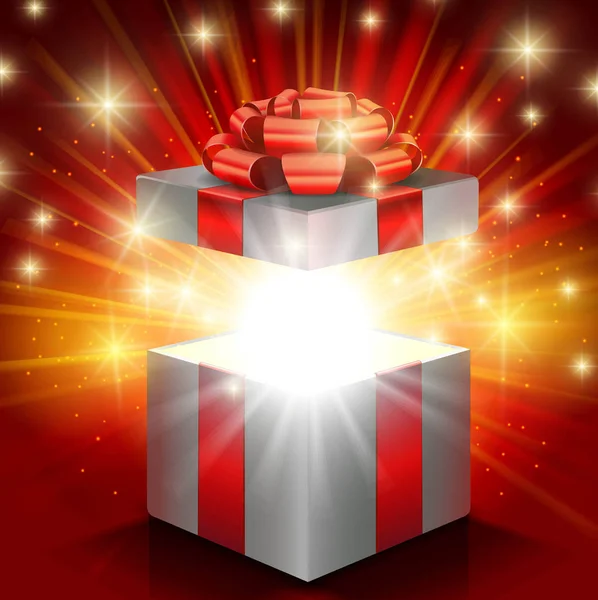 Caja de regalo abierta con lazo rojo y luces — Vector de stock