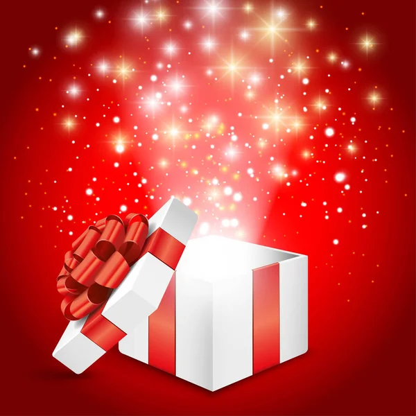 Geöffnete Geschenkbox mit roter Schleife und Lichtern — Stockvektor