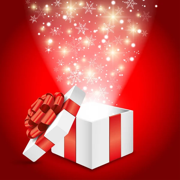 Ανοιγμένο Κουτί Δώρου Κόκκινο Φιόγκο Και Νιφάδα Χιονιού — Διανυσματικό Αρχείο