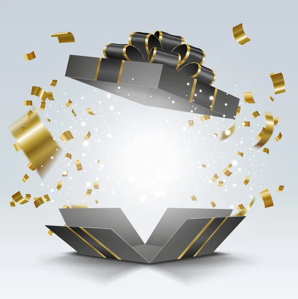 Άνοιγμα μαύρο κουτί δώρου με χρυσά κομφετί για τη μαύρη πώληση Παρασκευή Εικονογράφηση Αρχείου