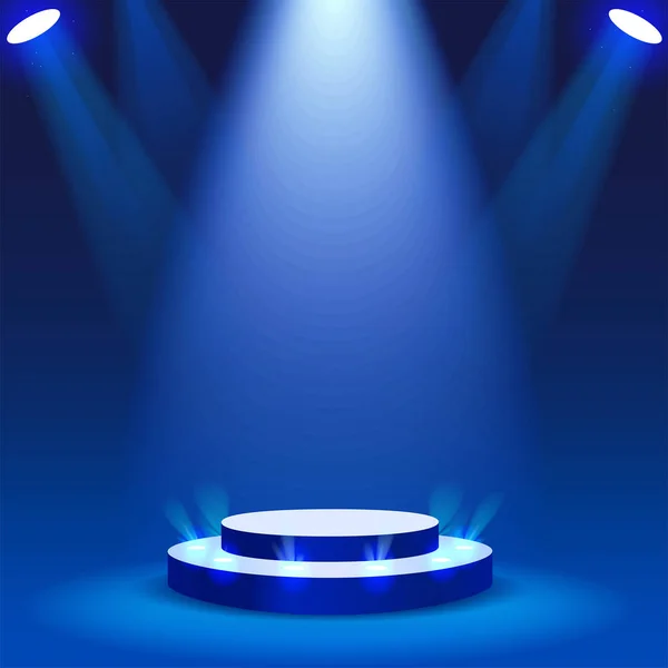 Stage podium with spotlight on blue background Royalty Free Stock Vectors