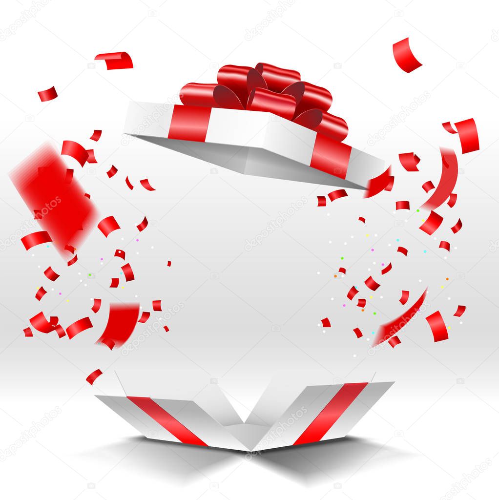 Open gift box with confetti isolated on white background