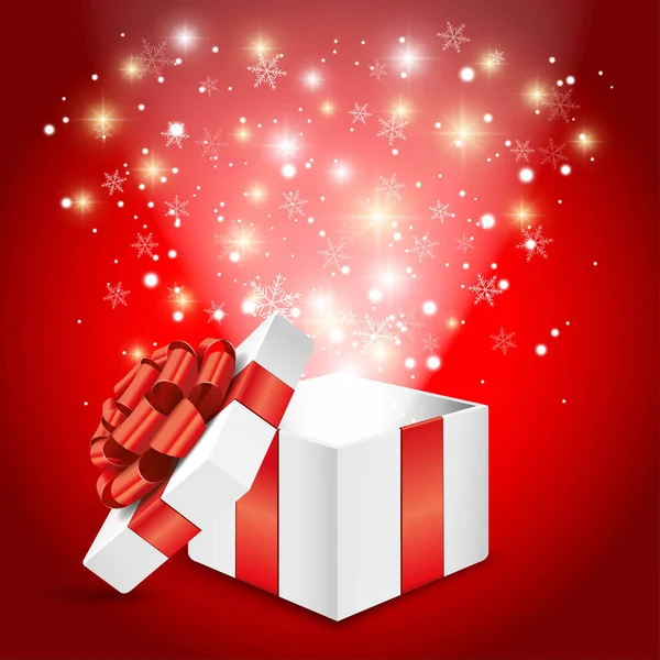 Opened white gift box with red bow and glowing lights — ストックベクタ