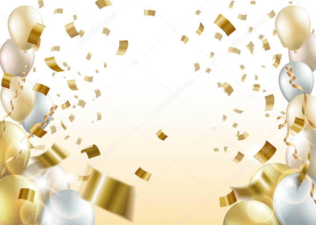 Celebration party with balloons, confetti, and streamer on golden background.