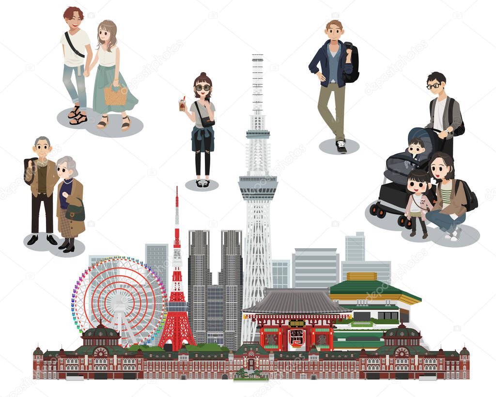 Tokyo Japan and sightseeing people isolated on white background