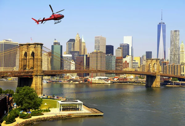 Helicopter flying over New York City, USA