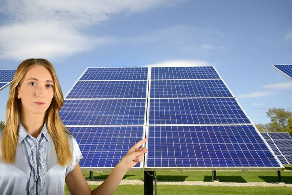 Young woman and solar panel