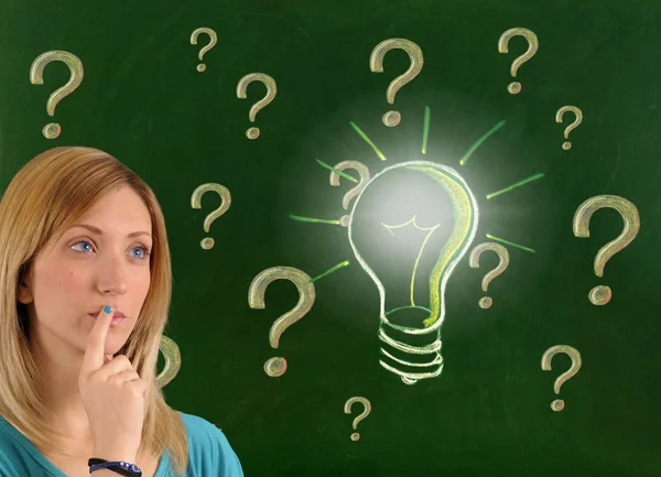 Pensive woman with question mark and light bulb big ideas