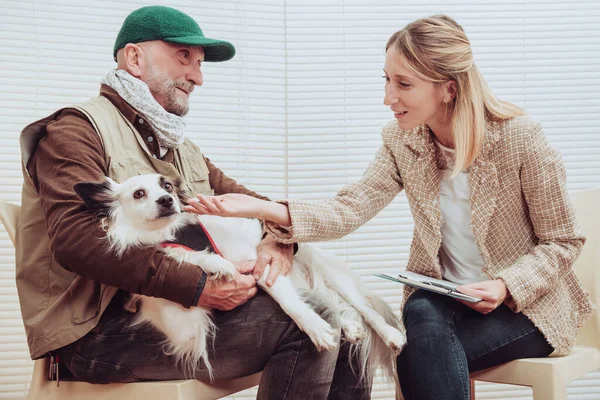 Pet therapy dog visiting senior man with psychologist. Alternative therapy concept.