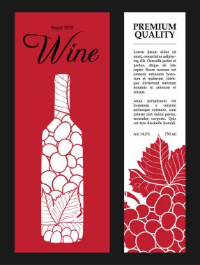 bir şişe kırmızı arka plan ile şarap ve üzüm şişeden için vektör etiket