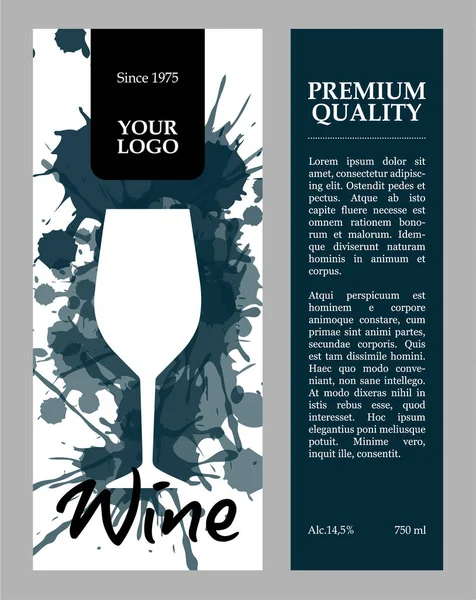 Etichetta di vino vettoriale blu scuro e bianco con spruzzi e vetro — Vettoriale Stock