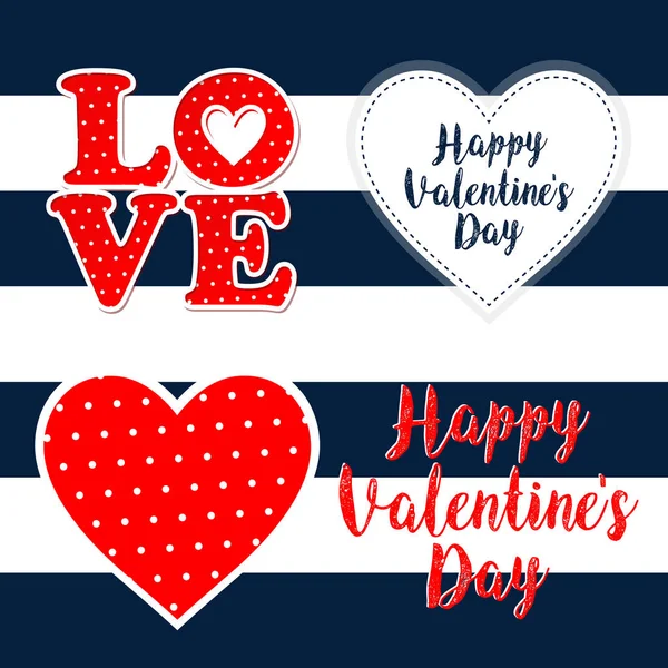 Valentine day vector symbol for love with hearts on blue and white stripe background — Stock Vector