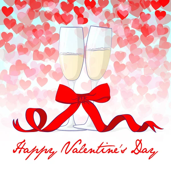 Valentin nap vektoros illusztráció pezsgő pohár vörös íj és szívek háttér — Stock Vector