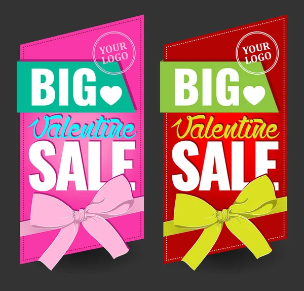 Valentine day big sale signs with bow for stickers, card, banner, background, boutique, vector illustration — Stock Vector