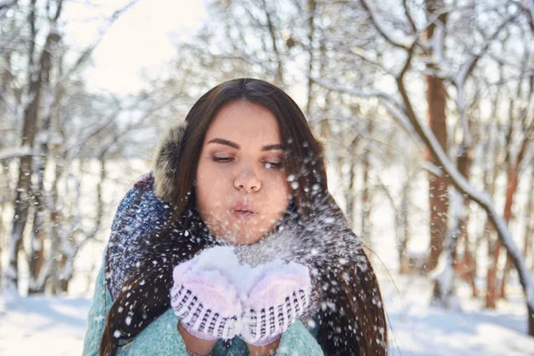 Mujer Manos usando guantes sacudiendo nieve al aire libre — Foto de Stock