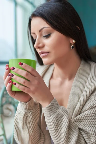 Young woman day dreaming looking window — Stock Photo, Image