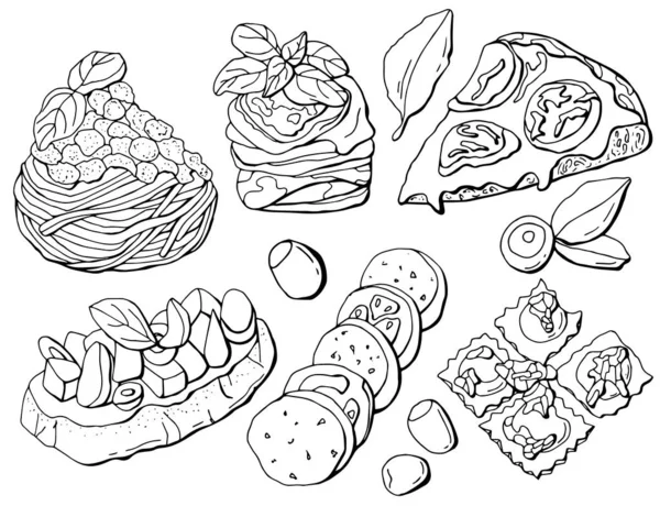 Черно Белые Национальные Итальянские Блюда Пицца Равиоли Брускетта Пармезан Капрезе — стоковый вектор