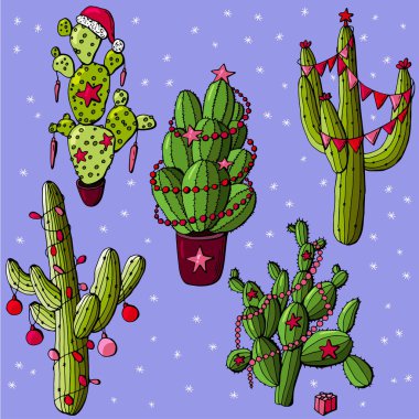 Toplar ve kar taneleriyle süslenmiş renkli yeni yıl kaktüsleri. Yeni yıl kartın için uygun, poster..