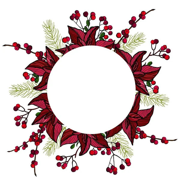 Karácsonyi Üdvözlőlap Poinsettia Virágok Kerek Keret Sablon Design Üdülési Kártyák — Stock Vector