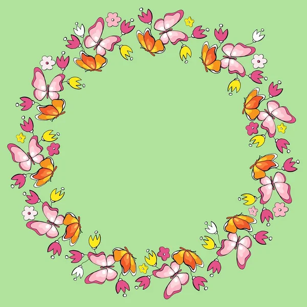 Kranz Aus Schmetterlingen Und Blumen Lagerillustration — Stockvektor