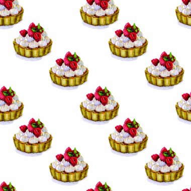 Meyve ve kremalı suluboya kek sepeti. Beyaz bir arka planda kusursuz desen. Stok illüstrasyonu