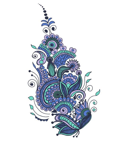 Цветочный орнамент в сине-зеленых тонах. Изолированный белый. Иллюстрация
.