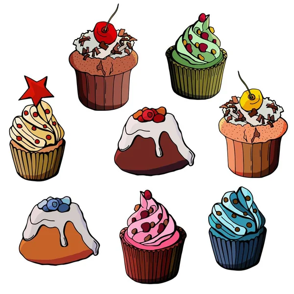 Ensemble Cupcakes Gâteaux Illustration Isolé Blanc — Image vectorielle