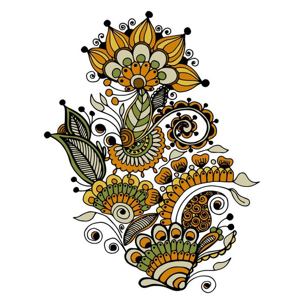 Цветочный орнамент в желто-зеленых тонах. Изолированный белый. Иллюстрация
.