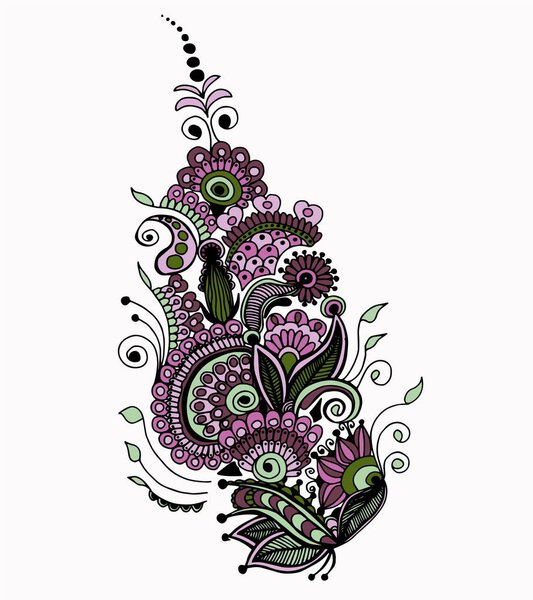 Декоративный, цветочный орнамент. Карикатурный стиль, нарисованный вручную яркими цветами. Изолированный белый. Иллюстрация
.