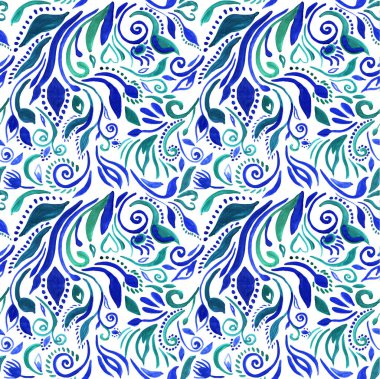 Suluboya, mavi-yeşil renklerde pürüzsüz desen. Çiçek ve bitki süsü. Tasarımınız, dekorasyonunuz, tebrik kartlarınız, posterleriniz, davetiyeleriniz, reklamlarınız için bitmeyen doku.