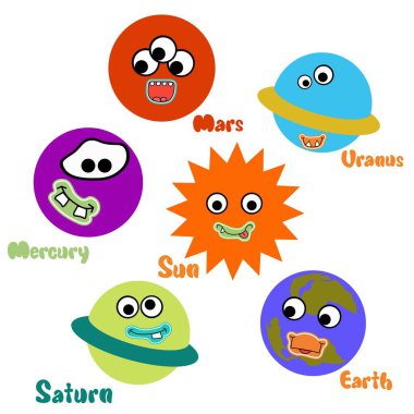 Komik yüzlü bir grup gezegen. Çizgi film tarzı. Beyaz arka plan, izolasyon. Stok çizimi. Eğitim ve oyun kılavuzu. Çocuk kıyafetleri için uygun, oyuncaklar için kutular..