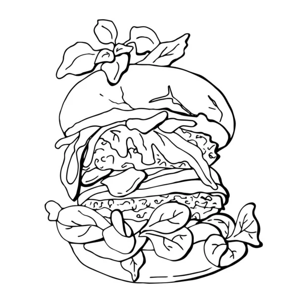 Веганский Бургер Мяса Овощами Цельными Булочками Векторная Иллюстрация Одного Контура — стоковый вектор