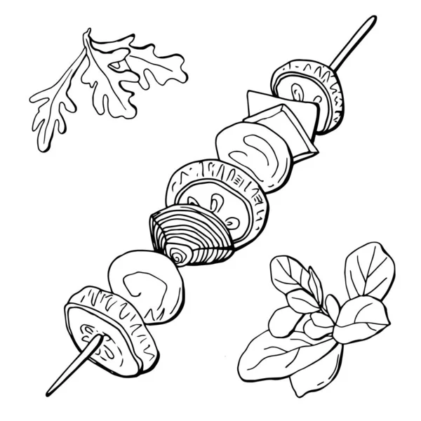 Izgara sebze. Arugula yeşili, marjoram. Çizgi çalışması. Beyaz arka plan, izolasyon. Stok illüstrasyonu.