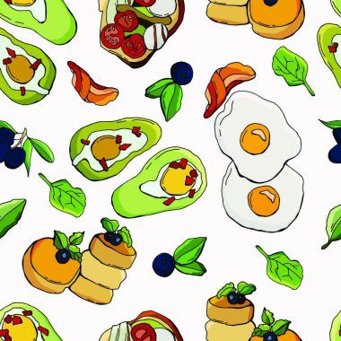 Kusursuz yumurta, pastırma, peynirli kek, avokado ve tost, zeytin, ıspanak, bazel. Vektör karikatür çizimi. Stok illüstrasyonu.