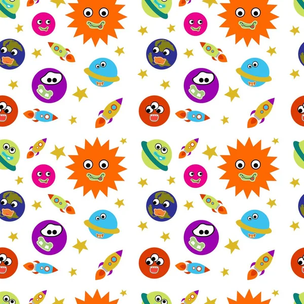 Solar system seamless pattern. Funny planets with funny faces. Cartoon style stock illustration. White background, isolation. Suitable for decorating children's room, wallpaper, wrapping paper.