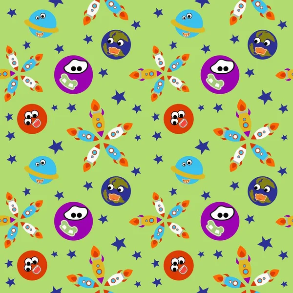 Solar System Seamless Pattern Funny Planets Funny Faces Cartoon Style — Stock Vector