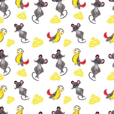 Çocuk çizim stili, fare ve meme faresiyle kusursuz desen. Kumaş, duvar kağıdı, bebek odası, ambalaj, kağıt, baskı için tasarım. Renk tasarımı.