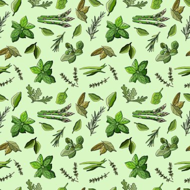 Yeşillik ve şifalı bitkilerden oluşan kusursuz bir desen. Vektör karikatür çizimi. Stok çizimi. Duvar kağıdı, mutfak, kumaş, tekstil, ambalaj, arka planlar için tasarım.