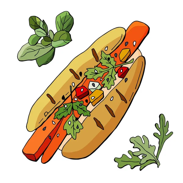 Vegan Cachorro Quente Com Cenouras Legumes Sem Carne Ilustração Desenho — Vetor de Stock