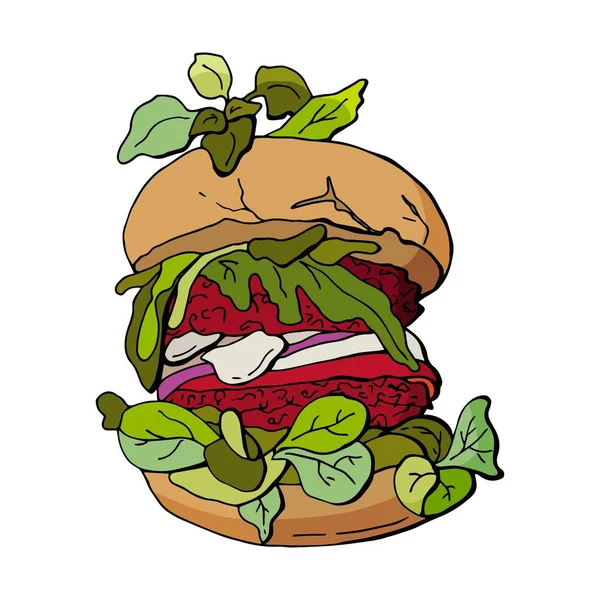 Hambúrguer Vegan Com Costeleta Beterraba Legumes Sem Carne Ilustração Desenho — Vetor de Stock