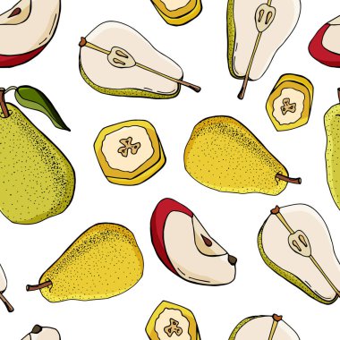 Kusursuz elma deseni, armut, muz dilimleri. Çizgi film vektör çizimi. Stok çizimi. Beyaz arka planda izole edilmiş. Duvar kağıdı, mutfak, kumaş, tekstil, ambalaj için tasarım