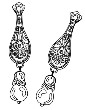 1920 yapımı inci ve değerli taşlı klasik küpeler. Kadın mücevherleri. Art Deco. Çizgi çalışması. Stok çizimi. beyaz arkaplan, izolasyon