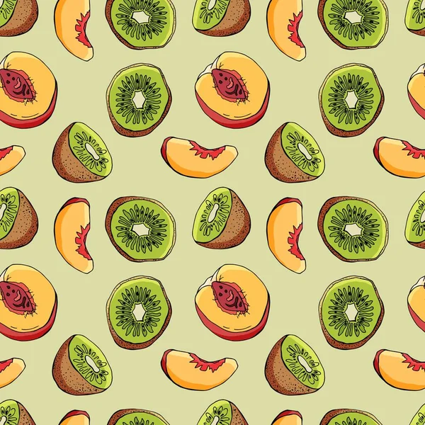 Patrón Sin Costuras Melocotones Kiwi Frutas Enteras Mitades Rebanadas Estilo — Vector de stock