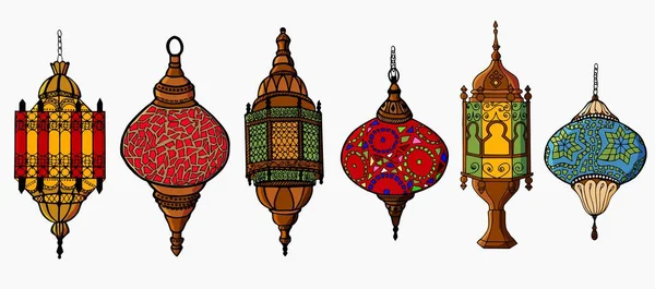 Ramazan kutlamaları için fener seti. Tasarım kartpostalların için. İzole edilmiş beyaz. Stok illüstrasyonu.