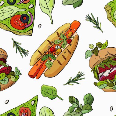 Kusursuz vejetaryen fast food modeli. Hamburger, pizza, sosisli sandviç, ıspanak, biberiye. beyaz arkaplanda çizgi film tarzı çizimler. Duvar kağıdı, kumaş, tekstil, baskı, paketleme, arkaplan, kafe için tasarım
