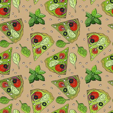 Vejetaryen pizzanın kusursuz şekli. Ispanak, bazel, çam fıstığı. çizgi film tarzı illüstrasyon. Duvar kağıdı, kumaş, tekstil, baskı, paketleme, arkaplan, kafe için tasarım.